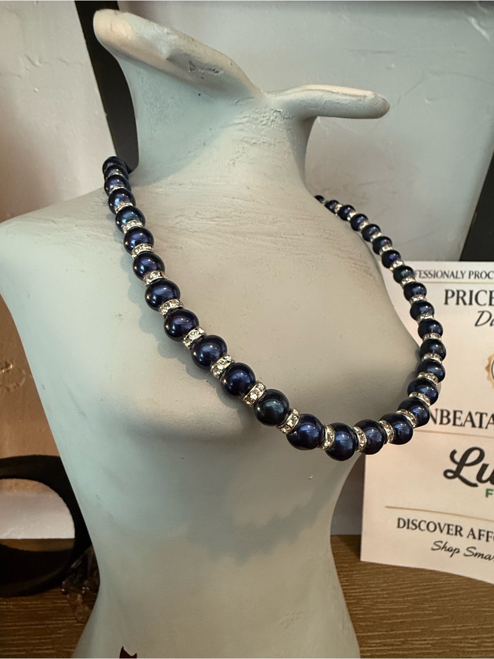 Elegant Navy Pearl and Rhinestone Beaded Necklace